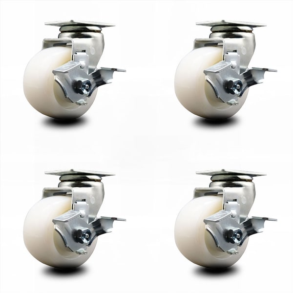 4 Inch Nylon Swivel Caster Set with Ball Bearings and Brakes SCC